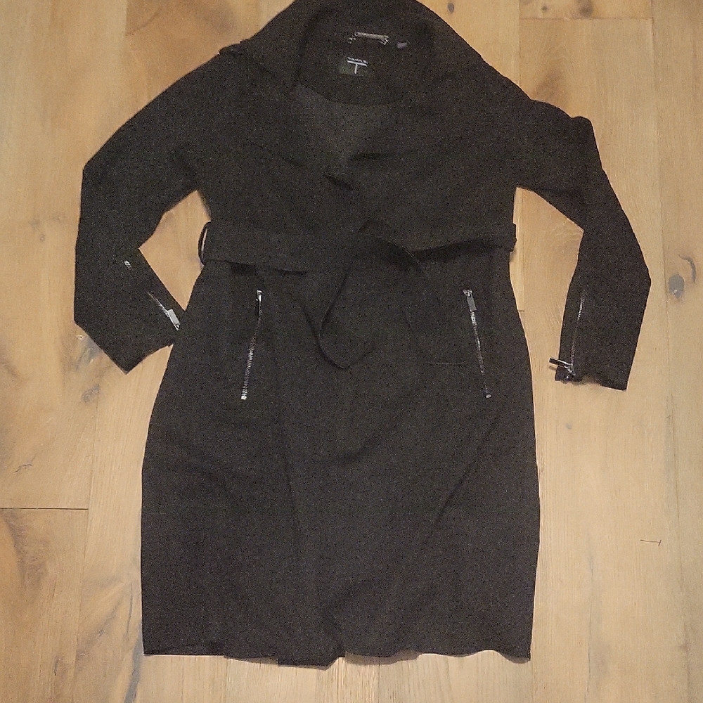 NWOT Tahari Black Faux Leather Long Wrap Jacket Size Small